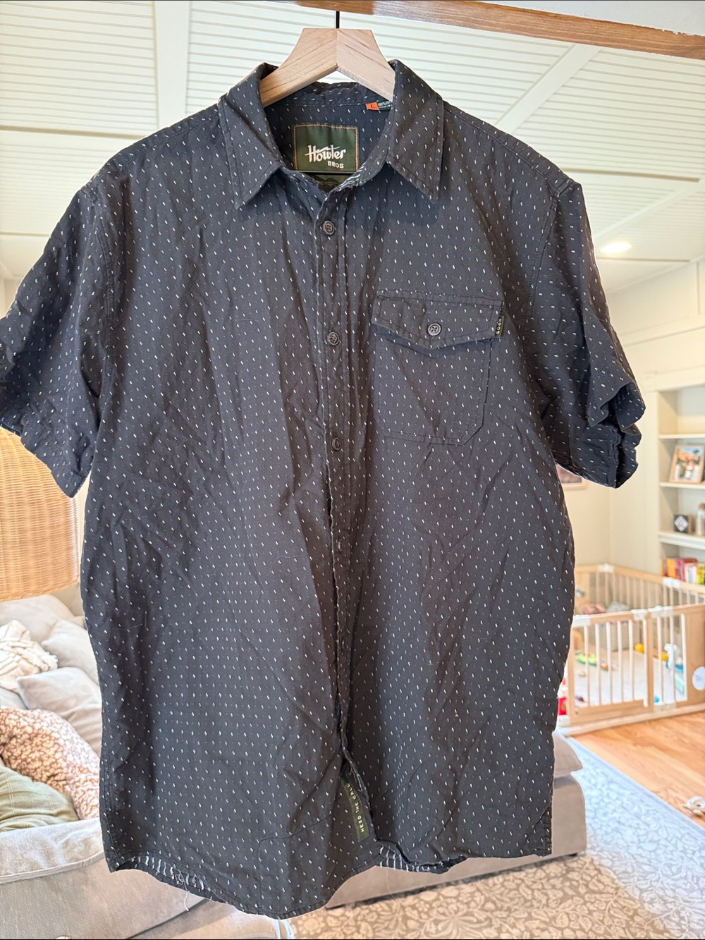 Hollister Black Short-Sleeve Button-Up with Micro Dot